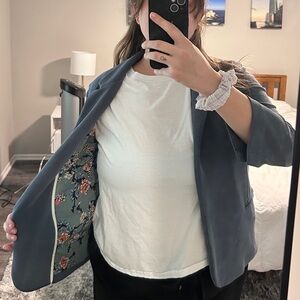Skies Are Blue Slate-Blue Open-Front Blazer with Floral Lining